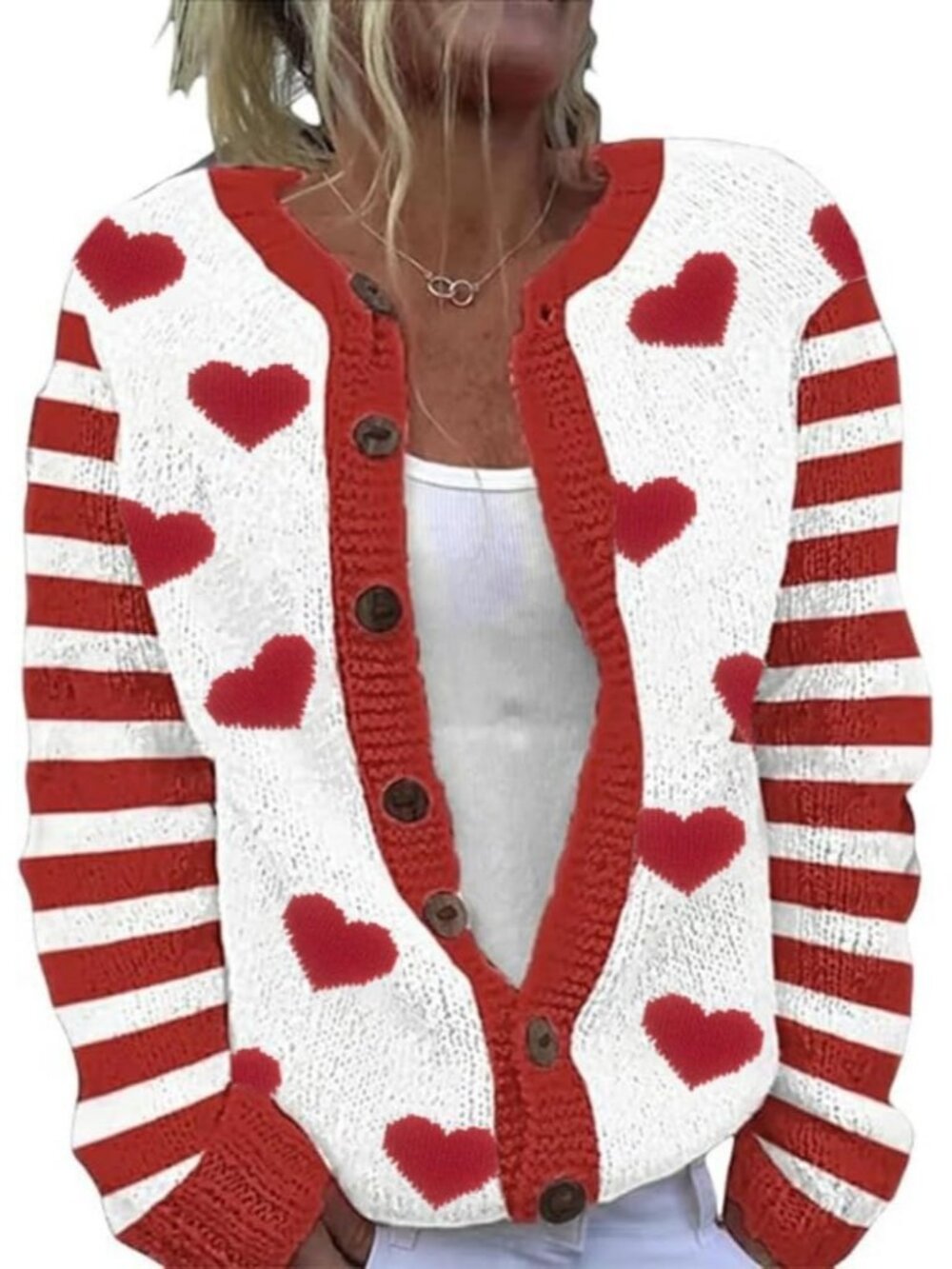 Women’s Red White Heart Print Striped Valentine Knit Cardigan Sweater Top